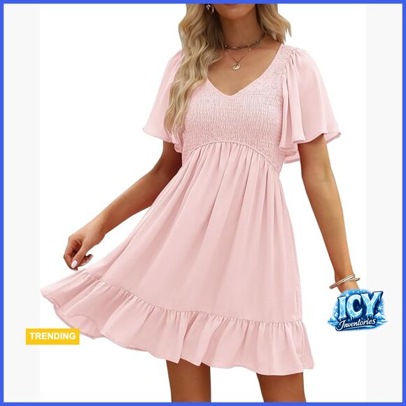Dresses & Skirts - Flowy Casual Mini Dress with Pockets Smocked V Neck